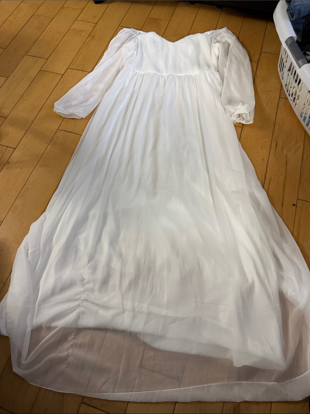 White Smocked Bodice Maxi Dress with Sheer Long Sleeves